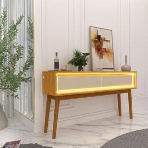 Aparador 2 Gavetas Com Led 140Cm Pés Madeira Gelius Móveis Naturale/Off White