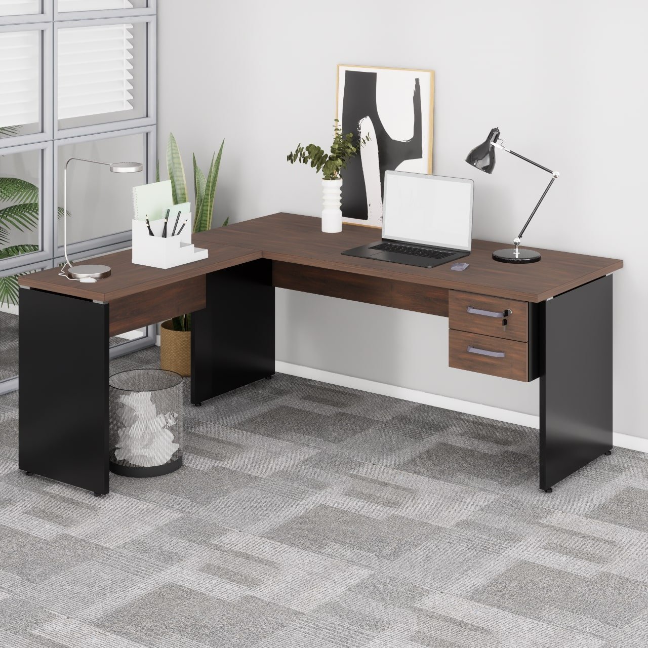 Mesa em "L" (Mesa 1,70m + Mesa Auxiliar) c/ 02 Gavetas - - Marsala / Preto - 23479 - Imagem 2