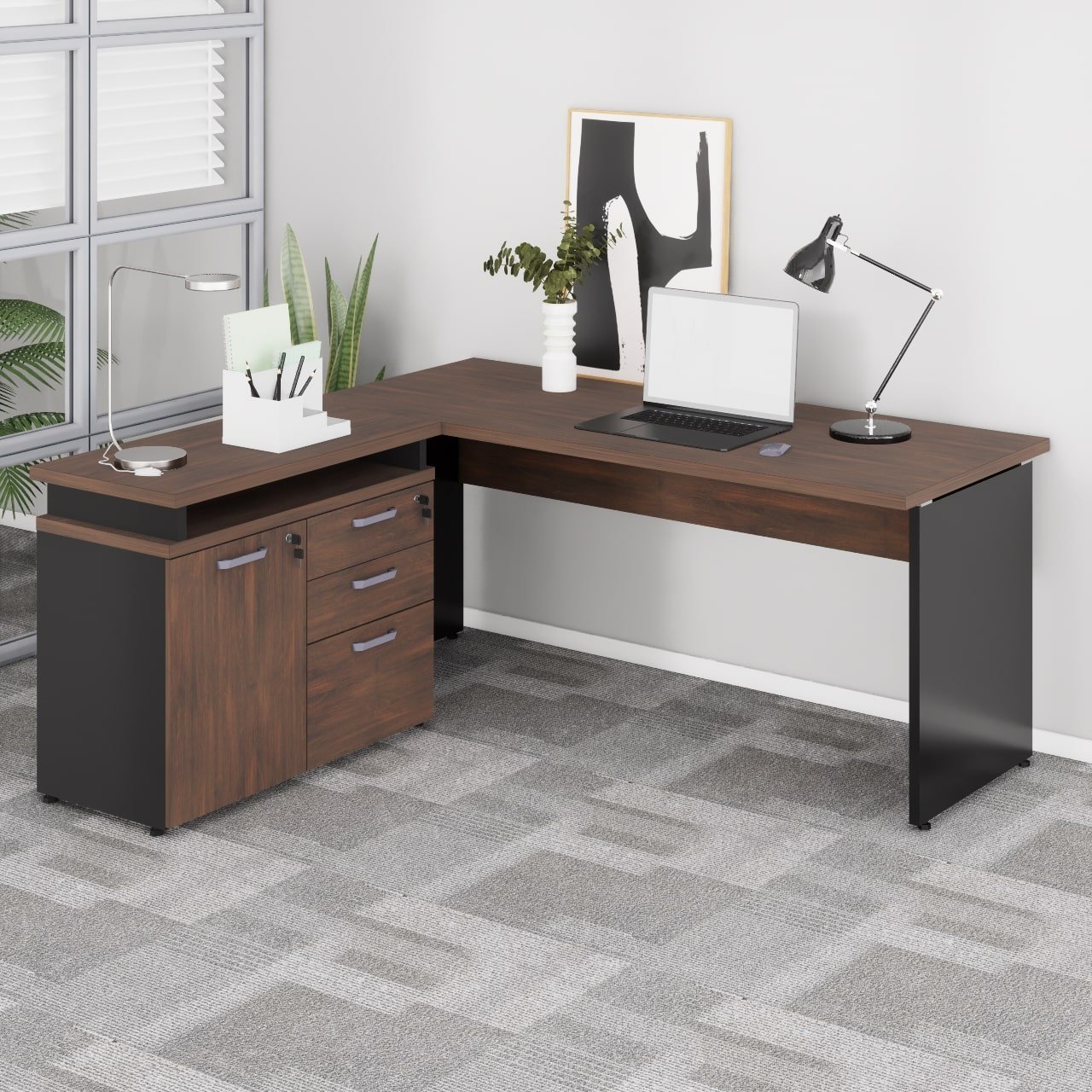 Mesa Escritório em "L" - 1,50m (Extensível) - com Armário Misto (03 Gav.) MARSALA/PRETO - 23482 - Imagem 2