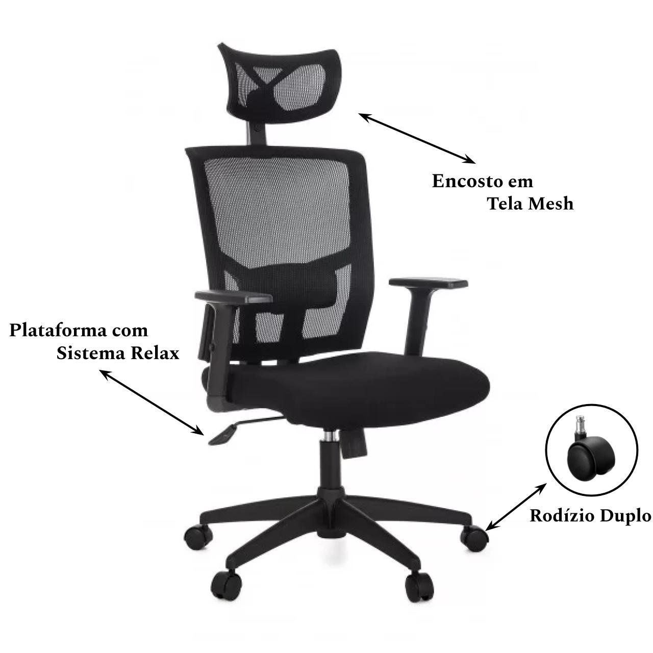 Poltrona Presidente Tela ANM-312P - C/ Encosto de Cabeça - Cor Preto - BLUME - 32981 - Imagem 3