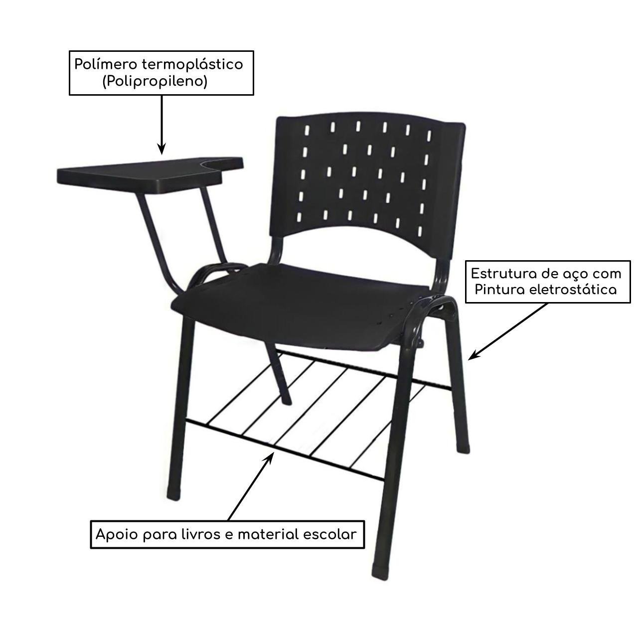 Cadeira Universitária c/ Porta Livros - Prancheta Plástica - Cor Preto 32013 - Imagem 2