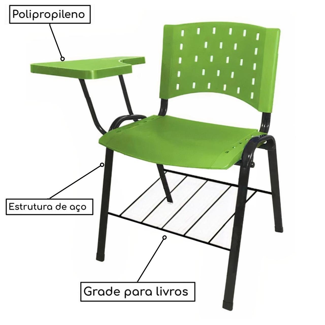Cadeira Universitária PRANCHETA PLÁSTICA com Porta Livros - Cor Verde 32023 - Imagem 2