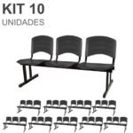 Kit 10 Cadeiras Longarinas PLÁSTICA 03 Lugares - Cor PRETO 33039