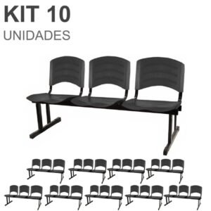 Kit 10 Cadeiras Longarinas PLÁSTICA 03 Lugares - Cor PRETO 33039