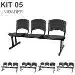 Kit 05 Cadeiras Longarinas PLÁSTICA 03 Lugares - Cor PRETO 33034
