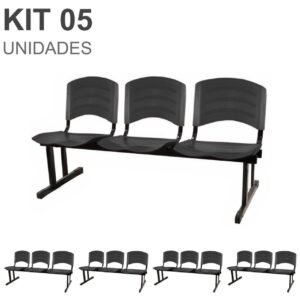 Kit 05 Cadeiras Longarinas PLÁSTICA 03 Lugares - Cor PRETO 33034