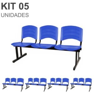 Kit 05 Cadeiras Longarinas PLÁSTICAS 03 Lugares - Cor Azul 33052