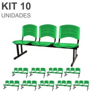 Kit 10 Cadeiras Longarinas PLÁSTICAS 03 Lugares - Cor Verde 33066