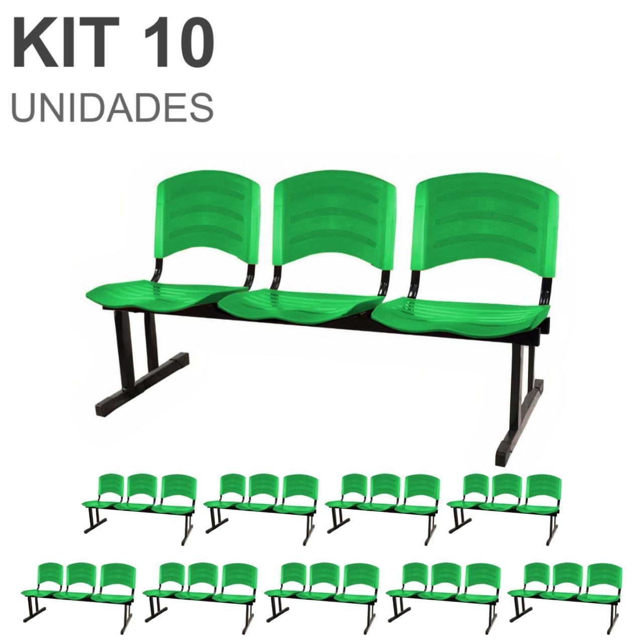 Kit 10 Cadeiras Longarinas PLÁSTICAS 03 Lugares - Cor Verde 33066