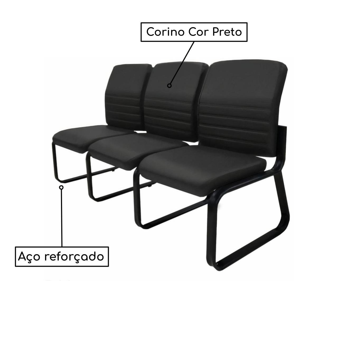 Sofanete para Escritório Estofada com 03 Lugares ESTOFADA - LYON - Cor Preto - 33121 - Imagem 2