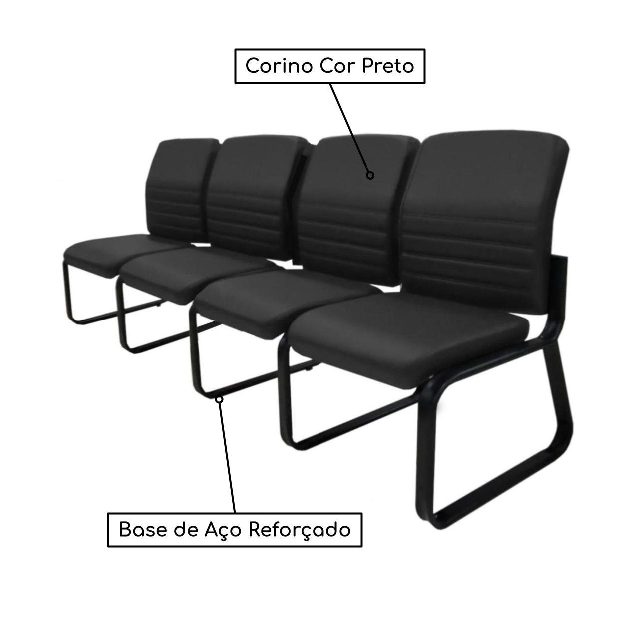 Sofanete para Escritório Estofada com 04 Lugares ESTOFADA - LYON - Cor Preto - 33122 - Imagem 3