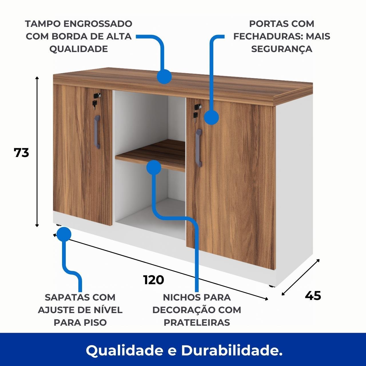 Armário Baixo Credenza – 1,20×0,73X0,45m NOGAL SEVILHA/BRANCO - 34312 - Imagem 6