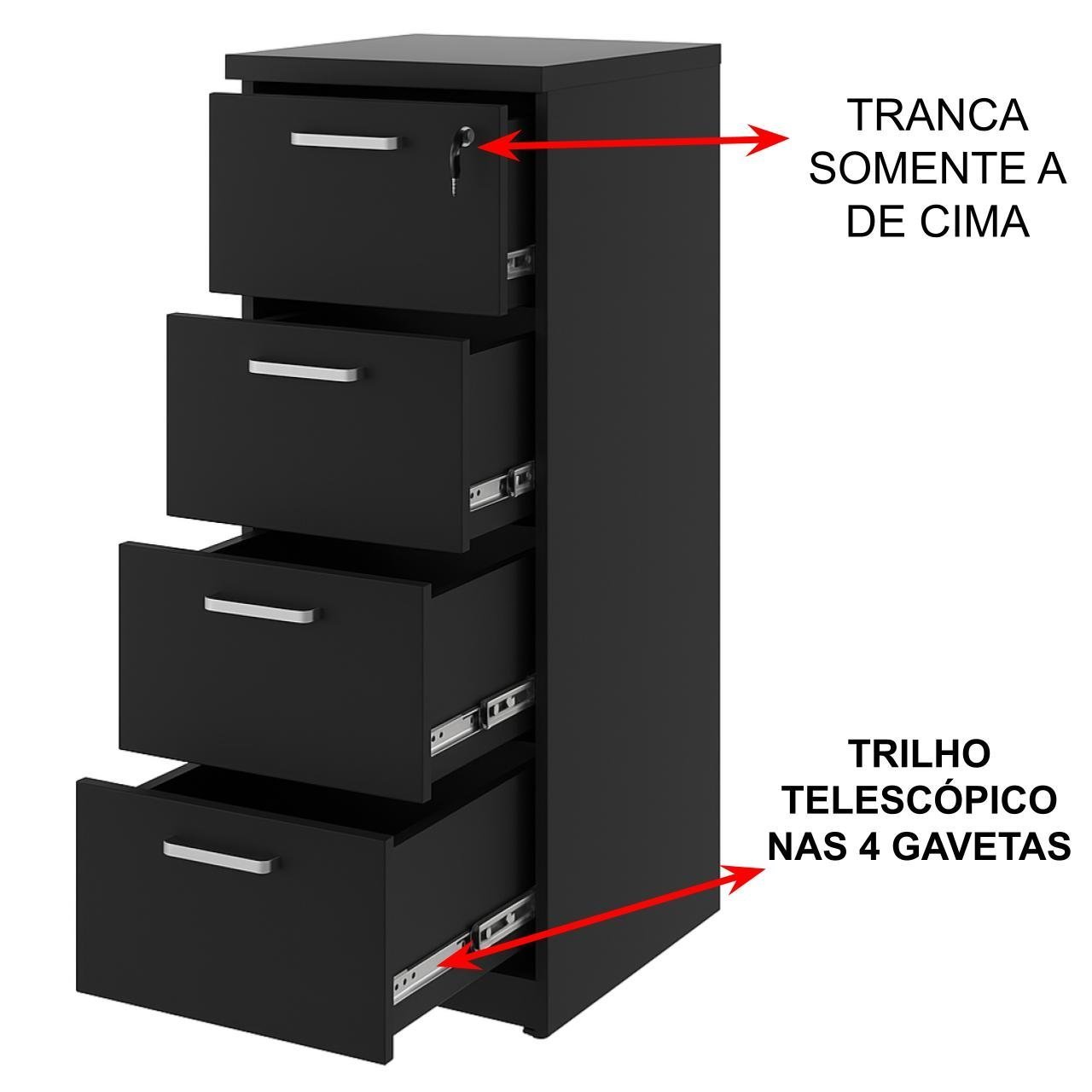 Arquivo de Madeira para Pasta Suspensa com 4 Gavetas - MDP PRETO - 26035 - Imagem 3