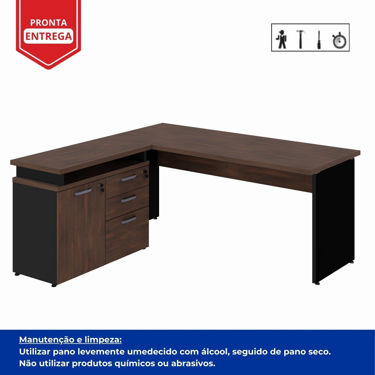 Mesa Escritório em "L" - 1,50m (Extensível) - com Armário Misto (03 Gav.) MARSALA/PRETO - 23482 - Imagem 3