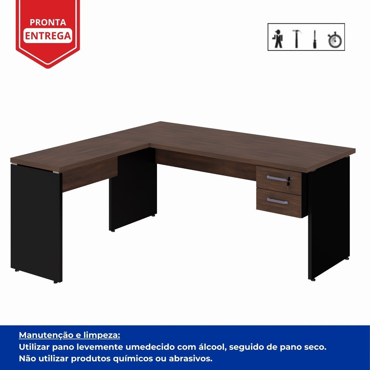 Mesa em "L" (Mesa 1,70m + Mesa Auxiliar) c/ 02 Gavetas - - Marsala / Preto - 23479 - Imagem 3