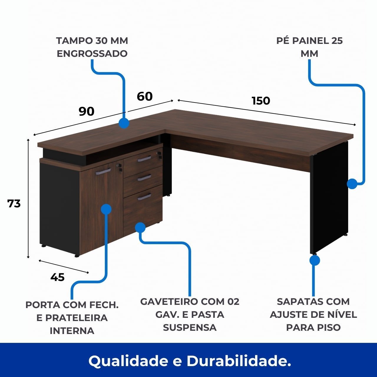 Mesa Escritório em "L" - 1,50m (Extensível) - com Armário Misto (03 Gav.) MARSALA/PRETO - 23482 - Imagem 5