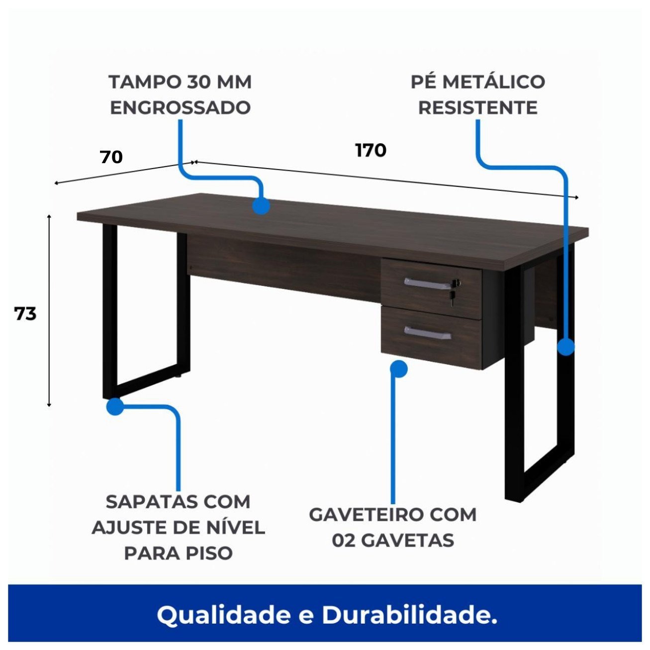 Mesa Escritório PÉ QUADRO 1,70x0,70m - C/ Gavetas - MARSALA/PRETO - 25475 - Imagem 4