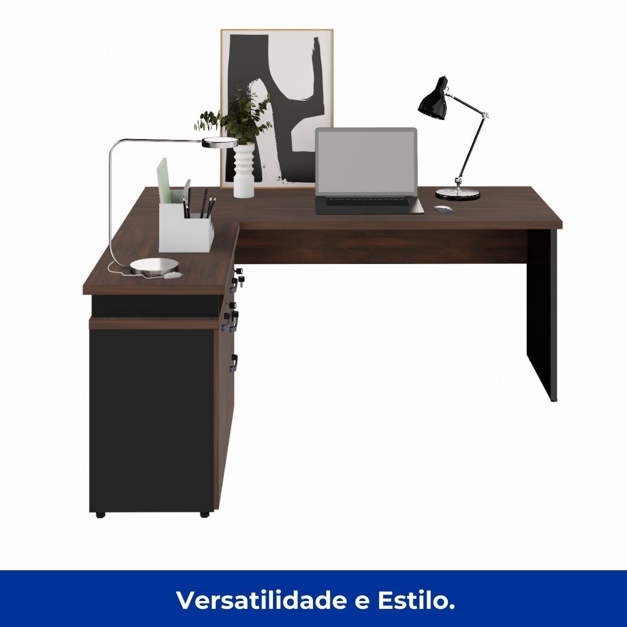 Mesa Escritório em "L" - 1,50m (Extensível) - com Armário Misto (03 Gav.) MARSALA/PRETO - 23482 - Imagem 7