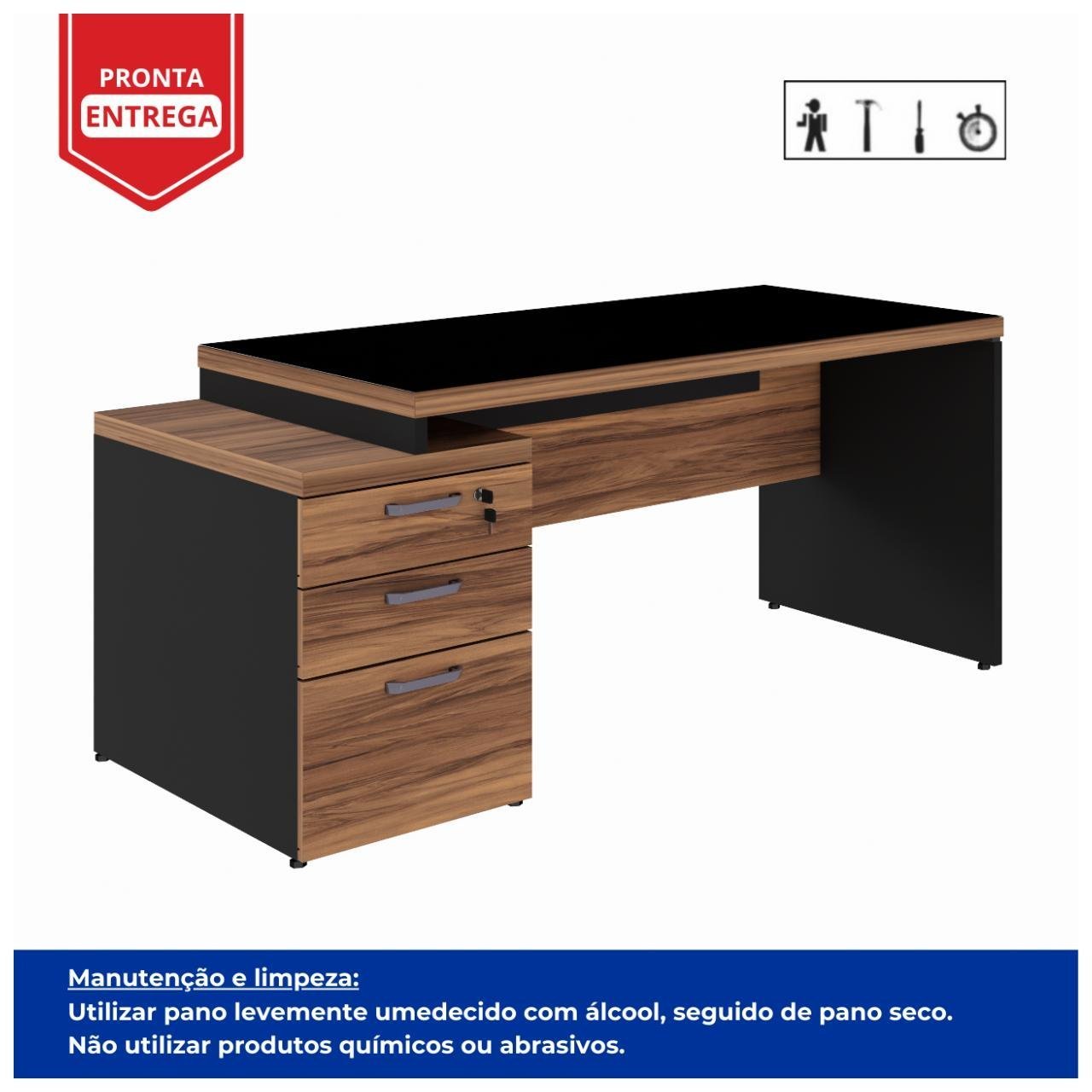 Mesa PEDESTAL RETA C/ VIDRO (03 Gav.) - 1,92X0,70m NOGAL SEVILHA/PRETO - 21399 - Imagem 2