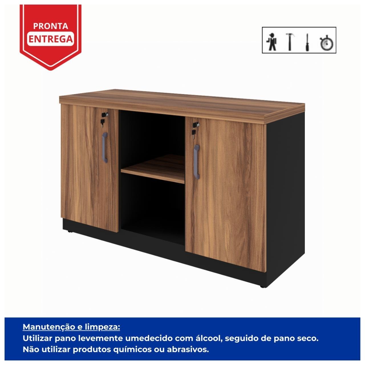 Armário Baixo Credenza - 1,20x0,74X0,45m NOGAL SEVILHA/PRETO - 21412 - Imagem 2