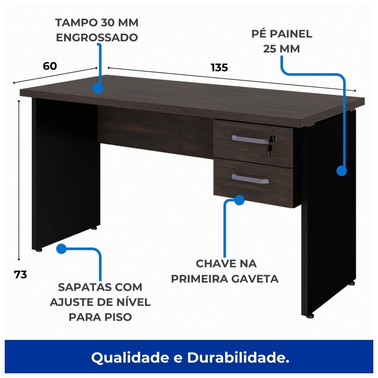 Mesa Escritório PÉ PAINEL – 1,35×0,60m – C/ Gavetas – MARSALA/PRETO – 25421 - Imagem 3
