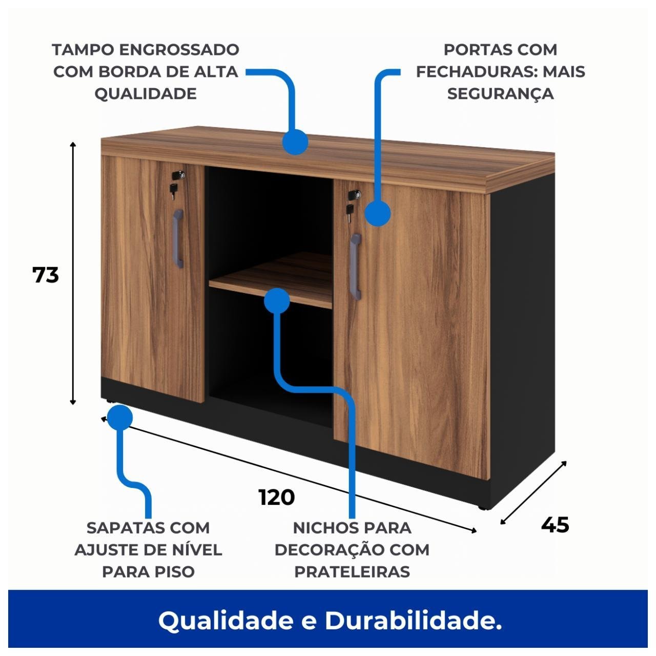 Armário Baixo Credenza - 1,20x0,74X0,45m NOGAL SEVILHA/PRETO - 21412 - Imagem 3