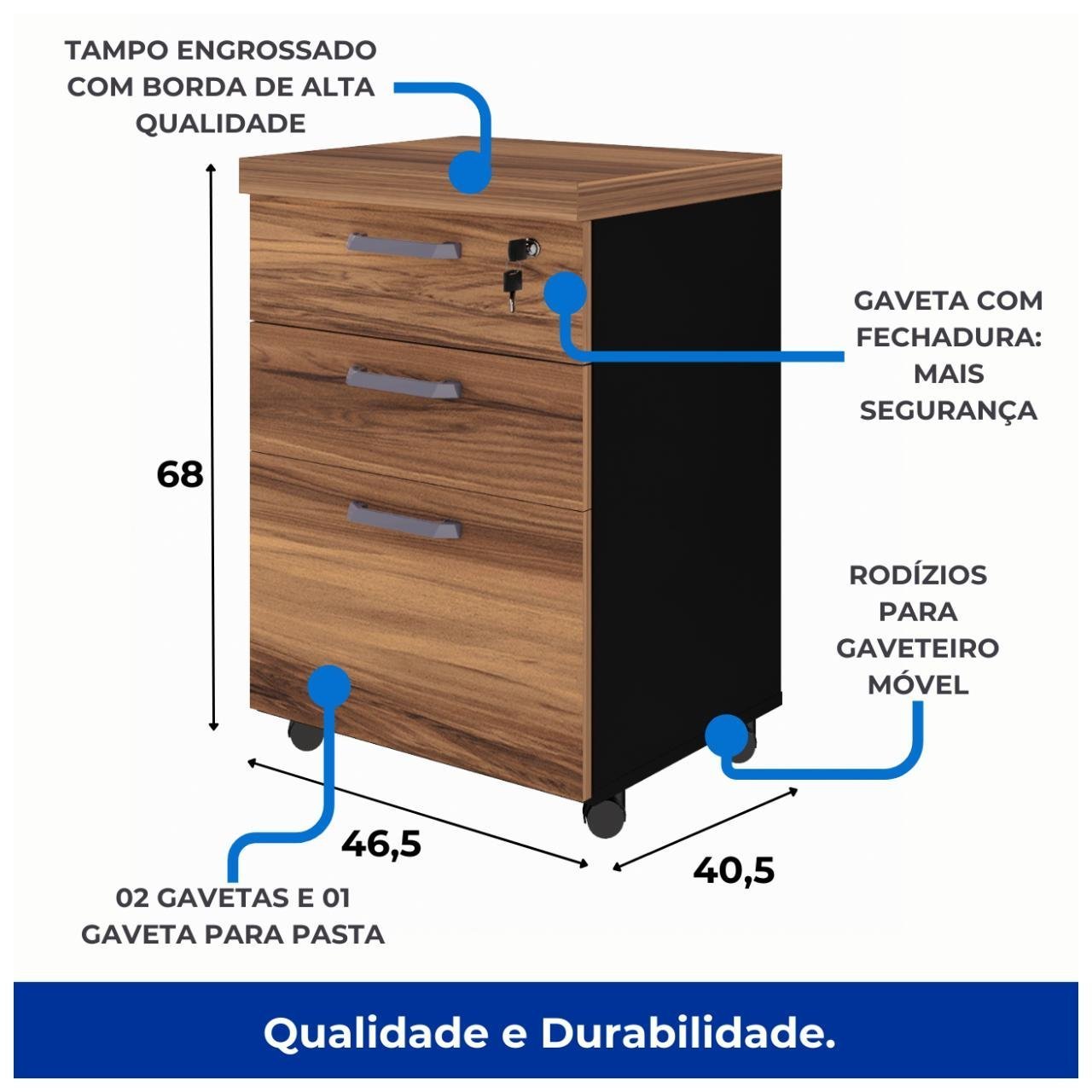Gaveteiro Volante 03 Gav - 0,68x0,46x0,40m NOGAL SEVILHA/PRETO - 21409 - Imagem 3