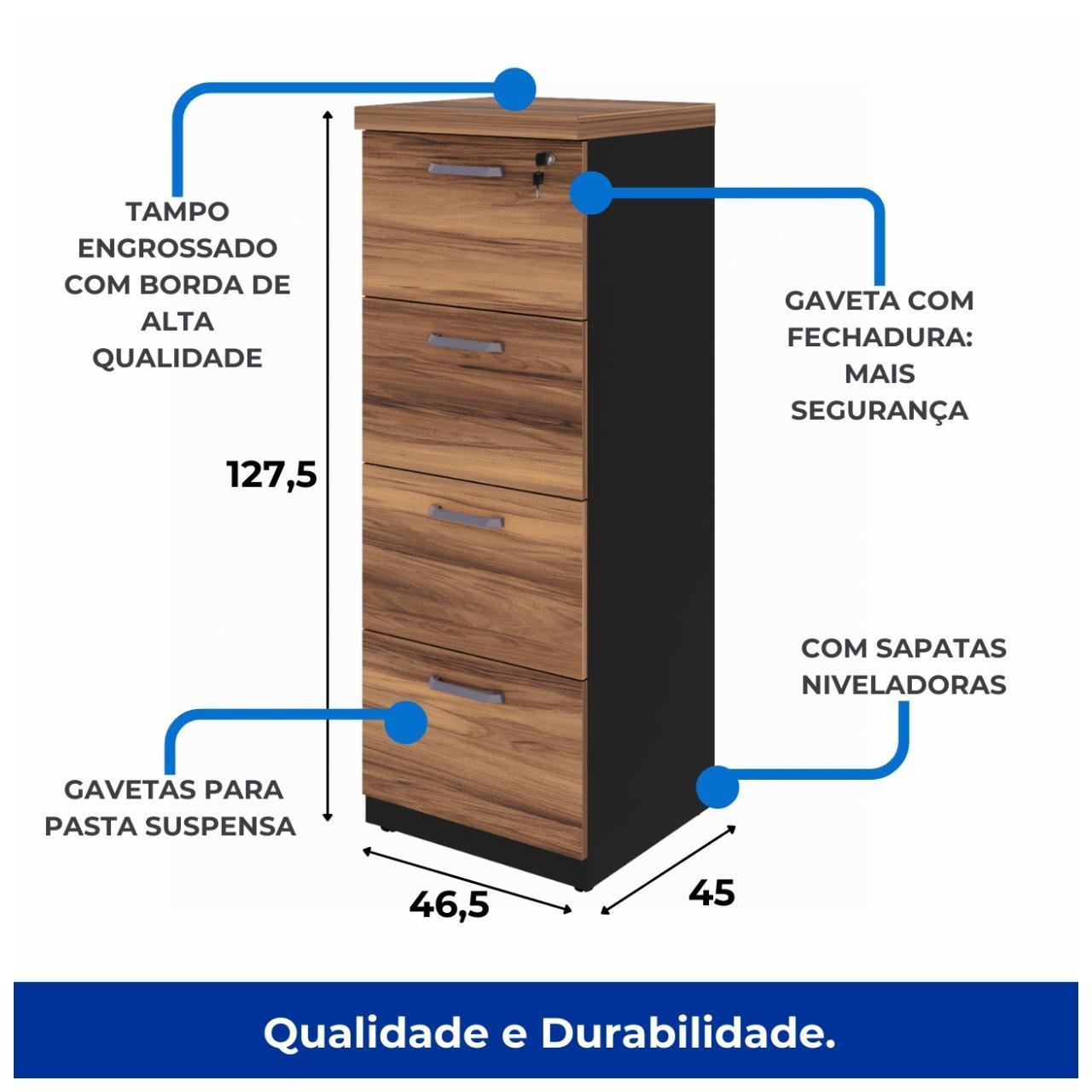 Arquivo 04 Gavetas Pasta Suspensa - 1,28x0,46x0,45m NOGAL SEVILHA/PRETO - 21410 - Imagem 4