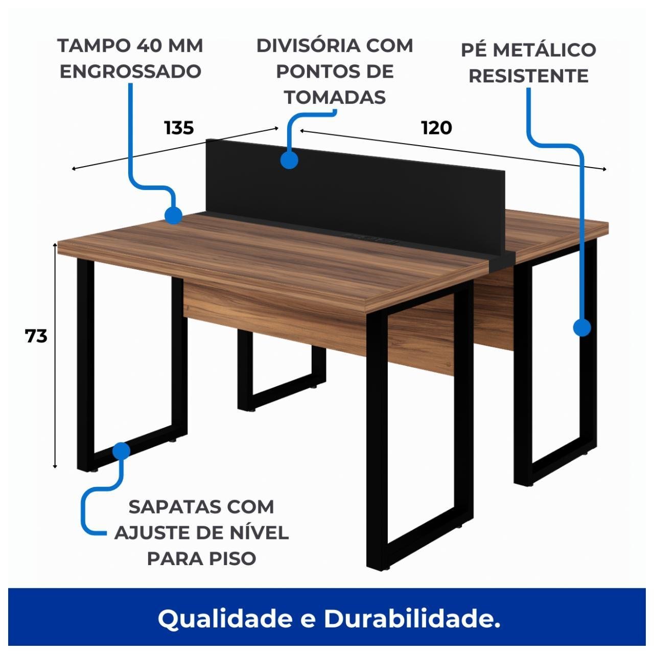 Estação de Trabalho Dupla 1,20x1,35m 02 Lugares s/ Gavetas c/ ponto de tomada PÉ QUADRO - Cor Nogal Sevilha - 63096 - Imagem 4
