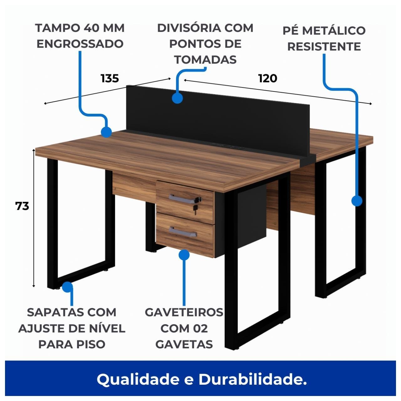 Estação de Trabalho Dupla 1,20x1,35m 02 Lugares c/ Gavetas c/ ponto de tomada PÉ QUADRO - Cor Nogal Sevilha - 63097 - Imagem 5