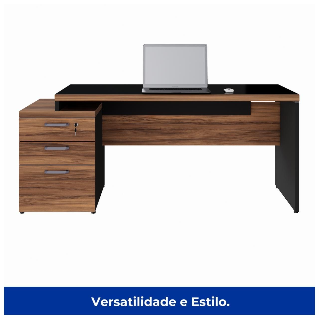 Mesa PEDESTAL RETA C/ VIDRO (03 Gav.) - 1,92X0,70m NOGAL SEVILHA/PRETO - 21399 - Imagem 5