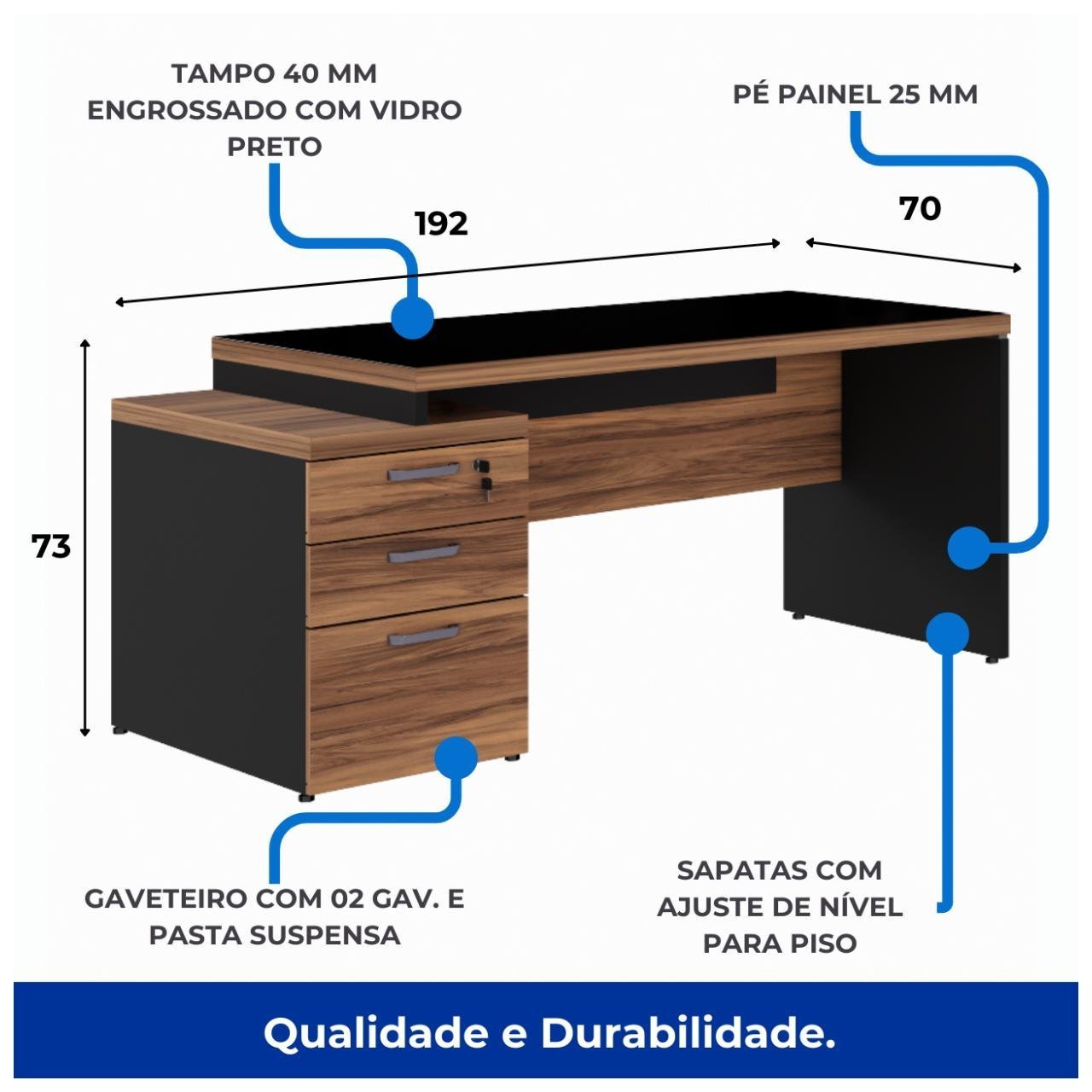 Mesa PEDESTAL RETA C/ VIDRO (03 Gav.) - 1,92X0,70m NOGAL SEVILHA/PRETO - 21399 - Imagem 6