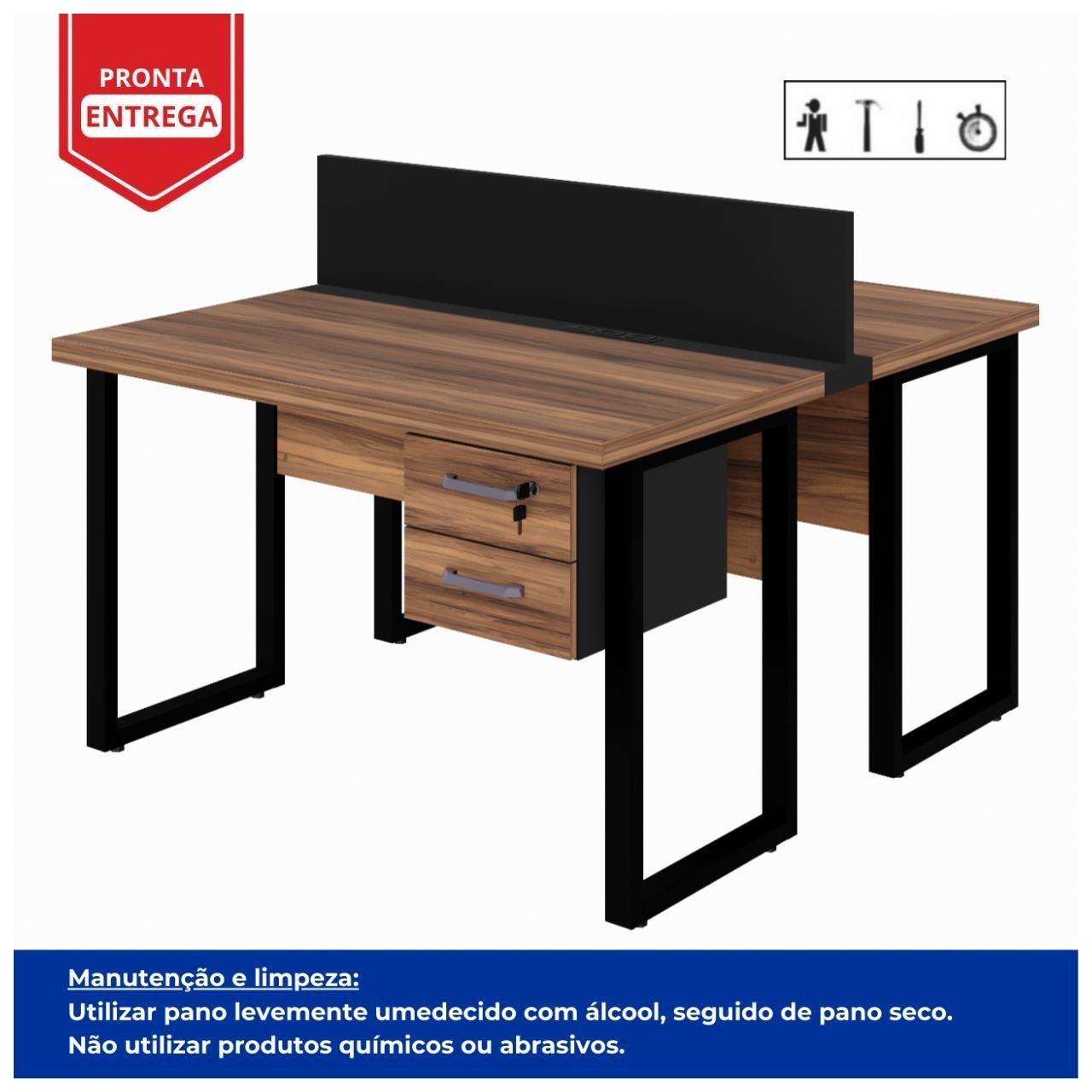 Estação de Trabalho Dupla 1,20x1,35m 02 Lugares c/ Gavetas c/ ponto de tomada PÉ QUADRO - Cor Nogal Sevilha - 63097 - Imagem 6