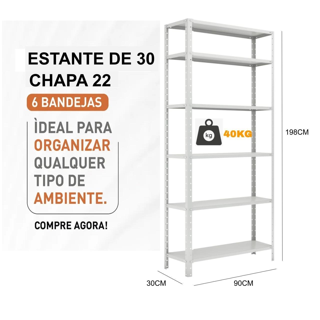 Estante de Aço com 06 Bandejas 30cm (22/18) – 1,98×0,92×0,30m – W3 – Cinza - 16007 - Imagem 5
