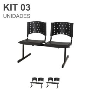 Kit 03 Cadeiras Longarinas PLÁSTICAS 02 Lugares - Cor PRETA - REALPLAST - 23019