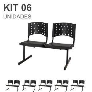Kit 06 Cadeiras Longarinas PLÁSTICAS 02 Lugares - Cor PRETA - REALPLAST - 23022