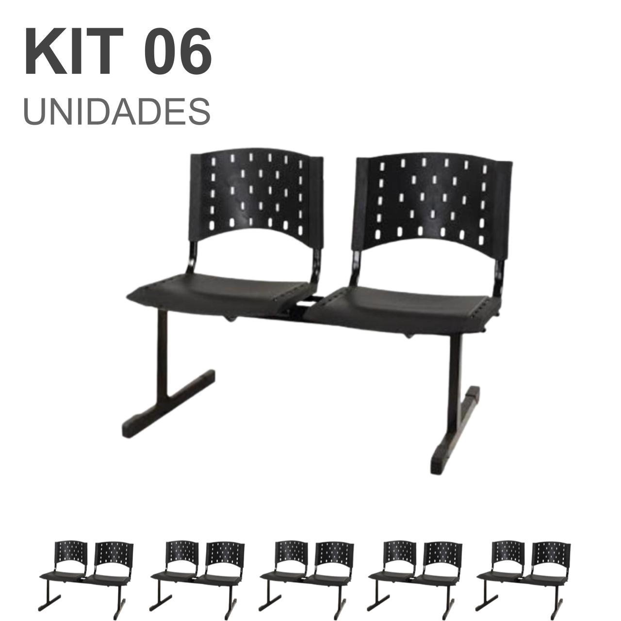Kit 06 Cadeiras Longarinas PLÁSTICAS 02 Lugares - Cor PRETA - REALPLAST - 23022
