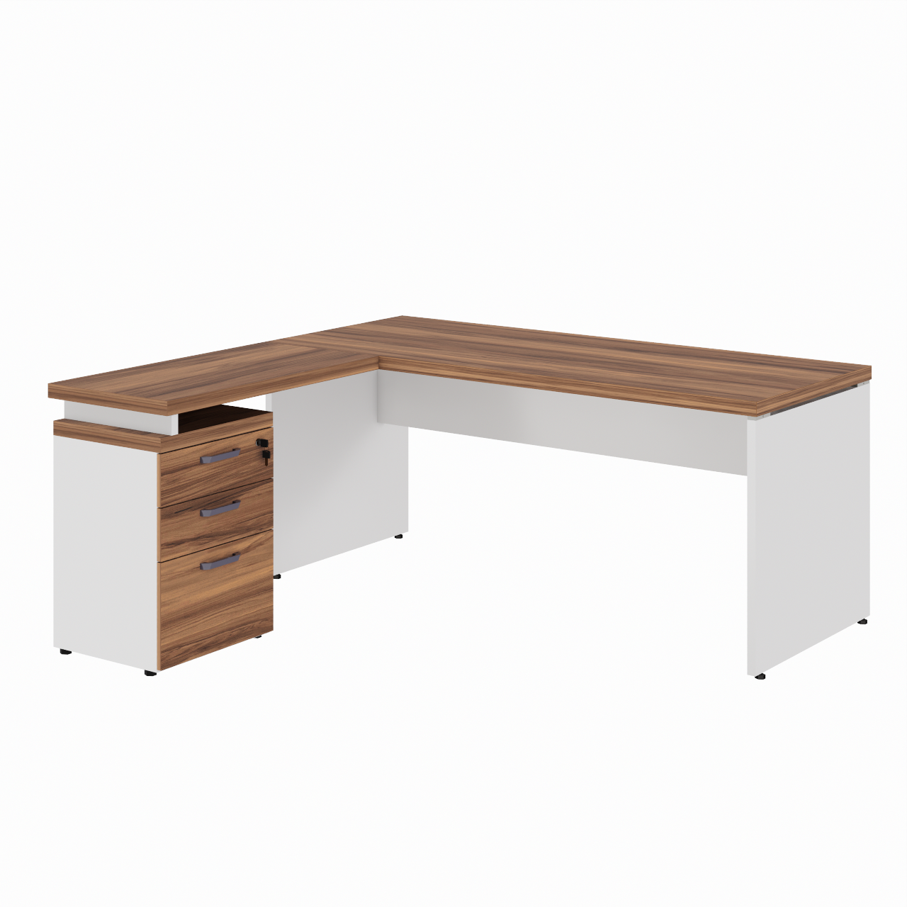 Mesa Escritório em "L" c/ Gavetão na Auxiliar 1,50x1,50m - WORK START - NOGAL SEVILHA/BRANCO - 34327