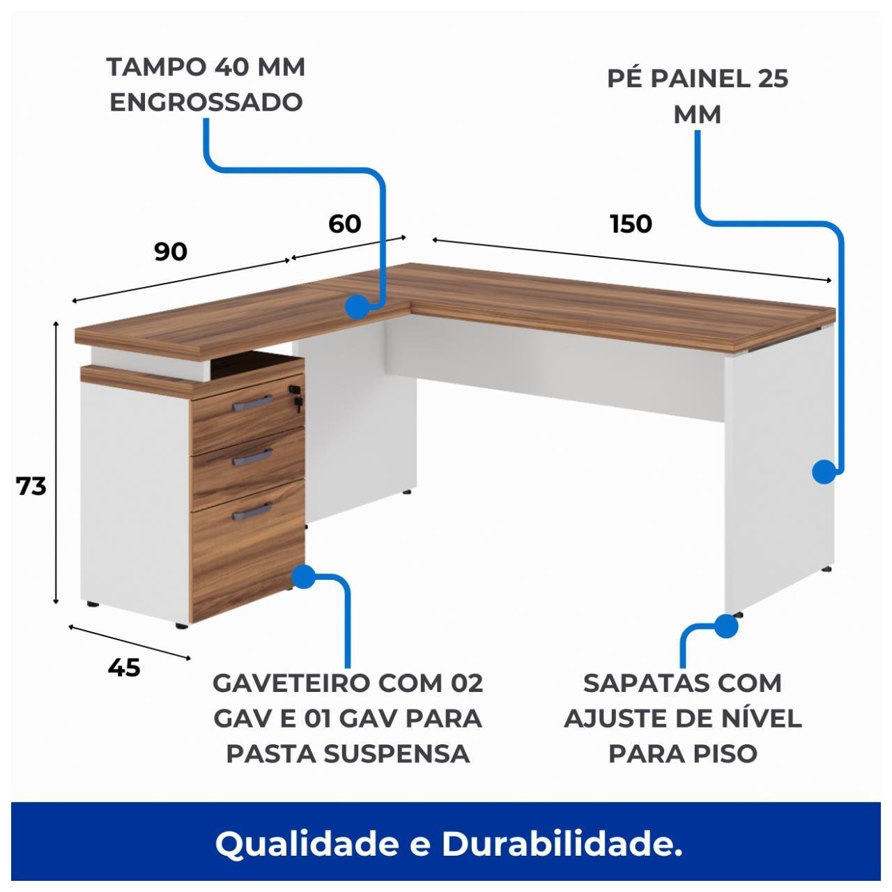 Mesa Escritório em "L" c/ Gavetão na Auxiliar 1,50x1,50m - WORK START - NOGAL SEVILHA/BRANCO - 34327 - Imagem 4