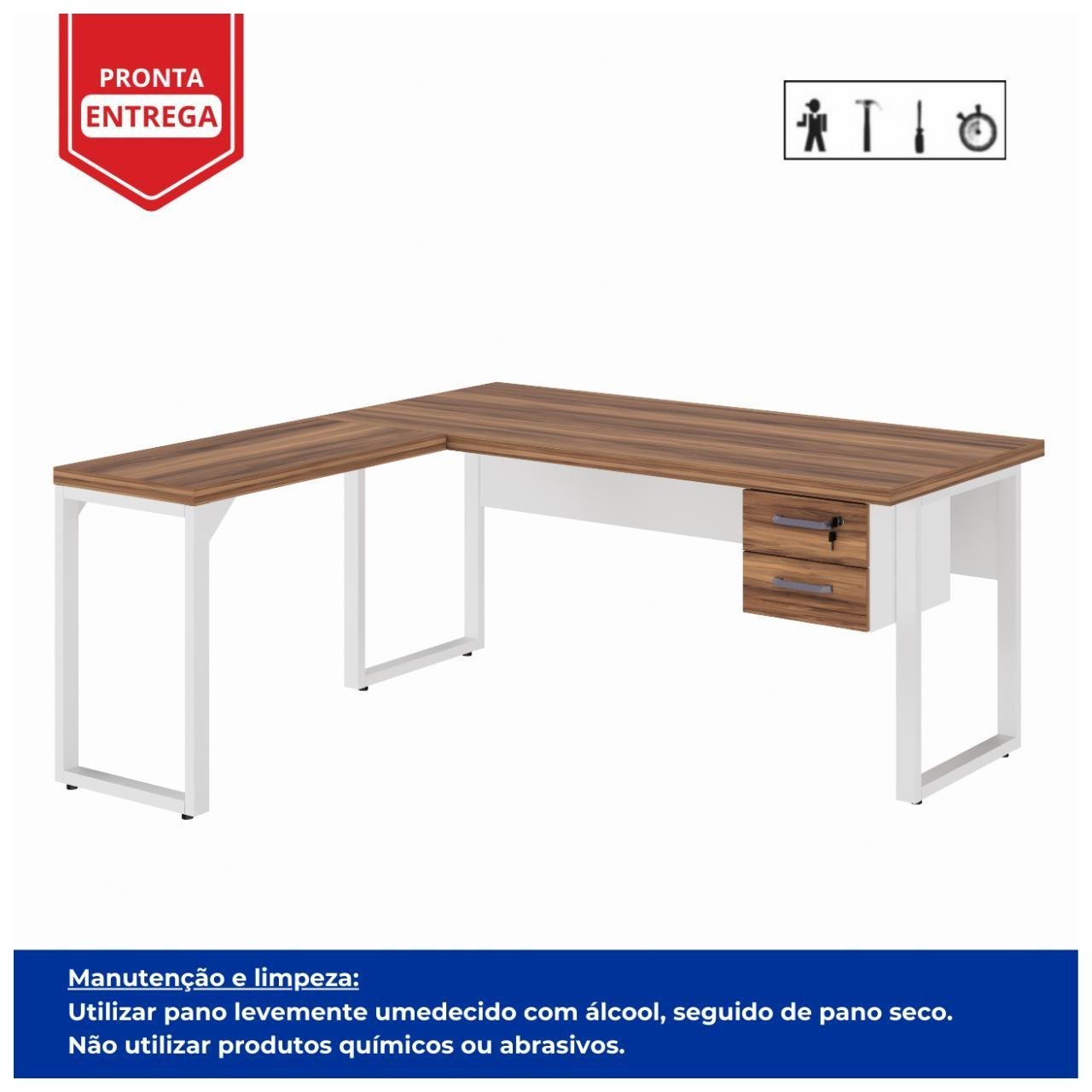 Mesa em L PÉ QUADRO (Mesa 1,50m + Mesa Auxiliar) - C/ Gavetas - WORKSTART - NOGAL SEVILHA/BRANCO - 34330 - Imagem 3
