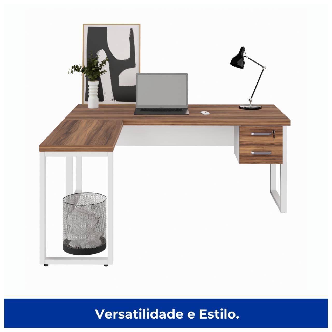 Mesa em L PÉ QUADRO (Mesa 1,70m + Mesa Auxiliar) - C/ Gavetas - WORKSTART - NOGAL SEVILHA/BRANCO - 34332 - Imagem 3