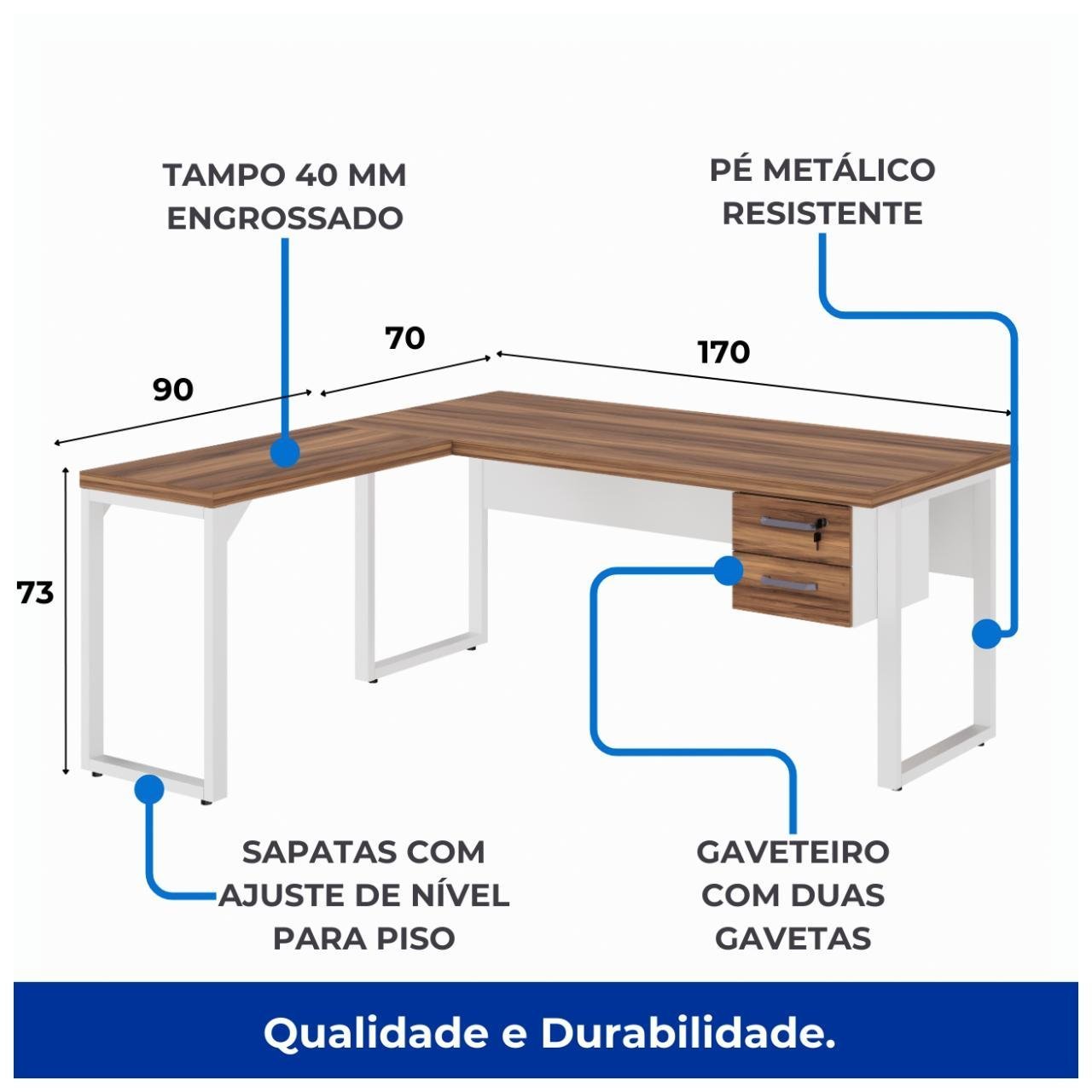 Mesa em L PÉ QUADRO (Mesa 1,70m + Mesa Auxiliar) - C/ Gavetas - WORKSTART - NOGAL SEVILHA/BRANCO - 34332 - Imagem 2