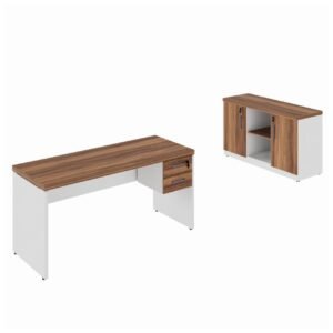 Kit Mesa Escritório 1,50x0,60m c/ Gavetas + Armário Baixo Credenza - WORKSTART - NOGAL SEVILHA/BRANCO - 34334