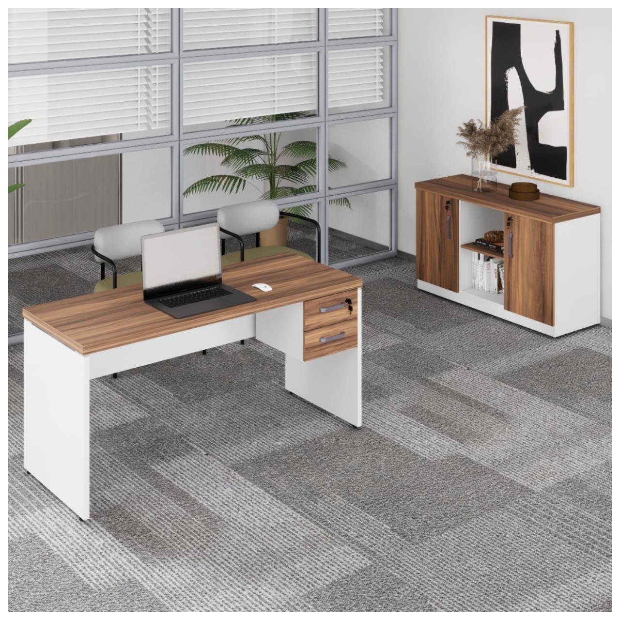 Kit Mesa Escritório 1,50x0,60m c/ Gavetas + Armário Baixo Credenza - WORKSTART - NOGAL SEVILHA/BRANCO - 34334 - Imagem 2