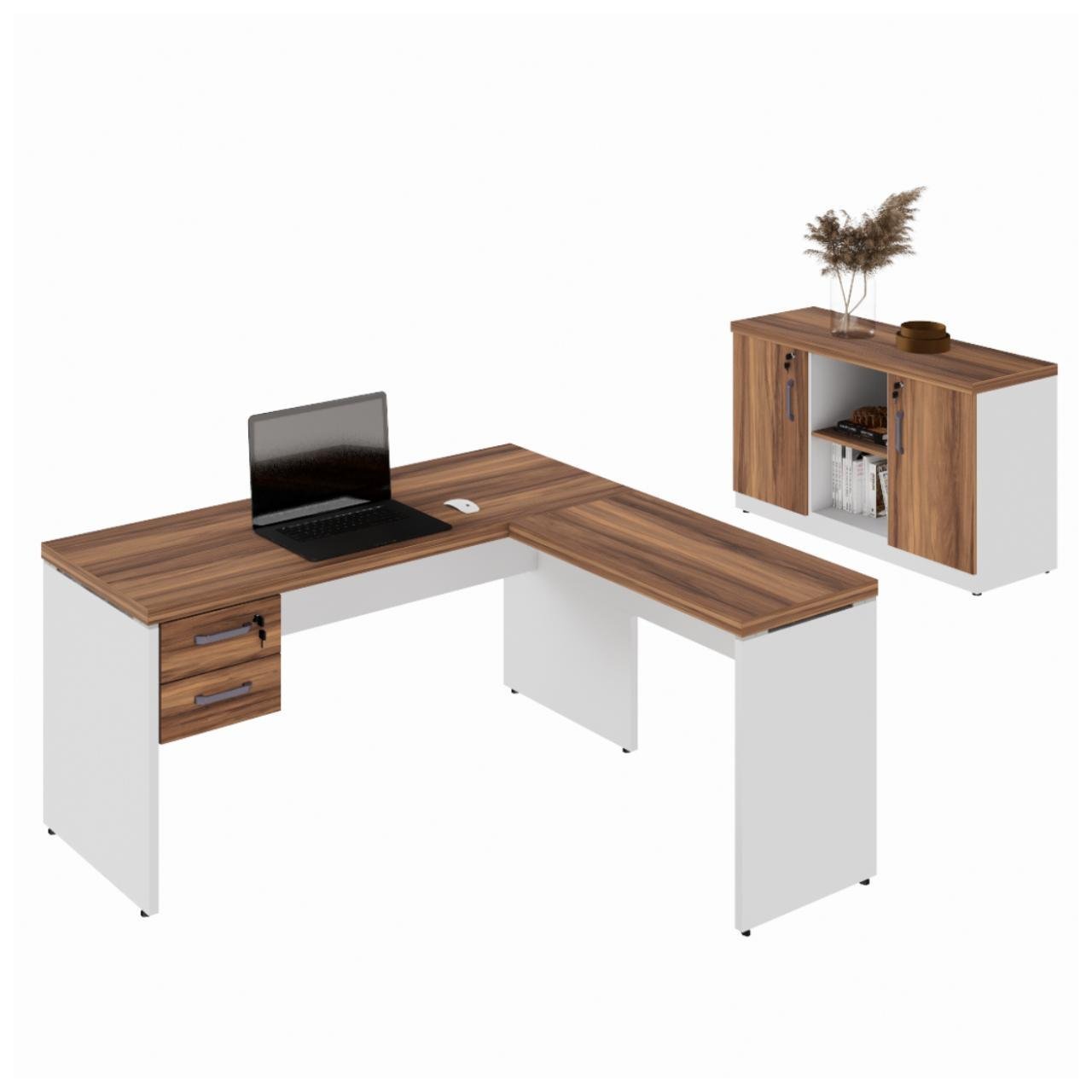 Kit Mesa Escritório em "L" 1,50x0,60m c/ Gavetas + Armário Baixo Credenza - WORKSTART - NOGAL SEVILHA/BRANCO - 34337 - Imagem 2