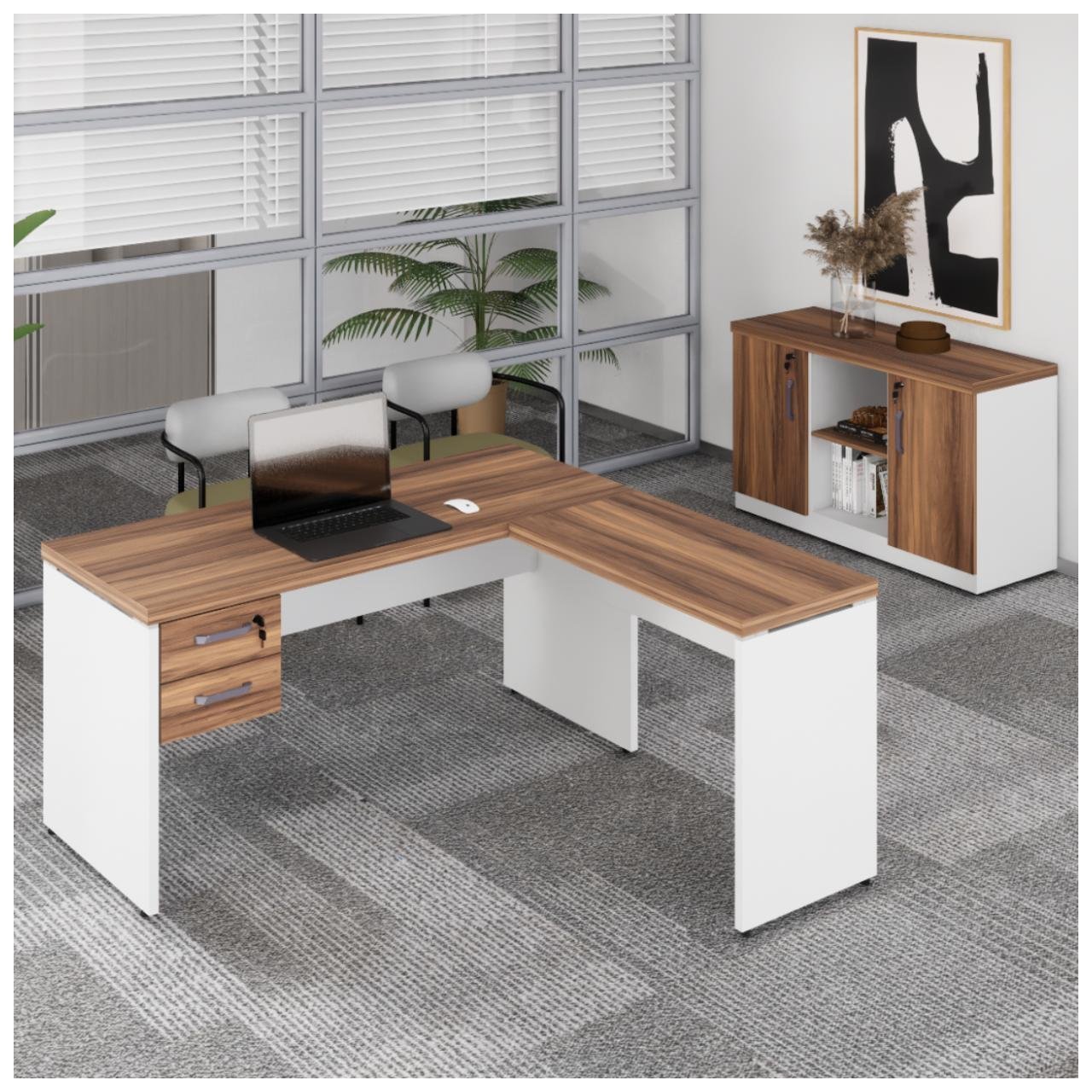 Kit Mesa Escritório em "L" 1,50x0,60m c/ Gavetas + Armário Baixo Credenza - WORKSTART - NOGAL SEVILHA/BRANCO - 34337 - Imagem 3