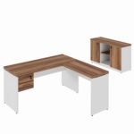 Kit Mesa Escritório em "L" 1,20x0,60m c/ Gavetas + Armário Baixo Credenza - WORKSTART - NOGAL SEVILHA/BRANCO - 34336
