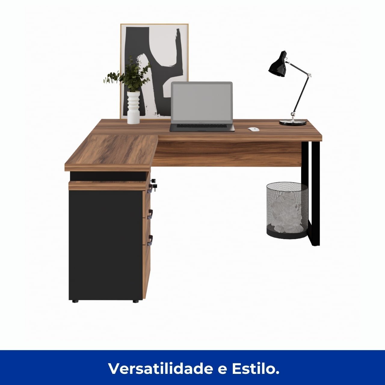 Mesa Escritório em “L” c/ Gaveteiro 1,70×1,60m NOGAL SEVILHA/PRETO – 24481 - Imagem 3
