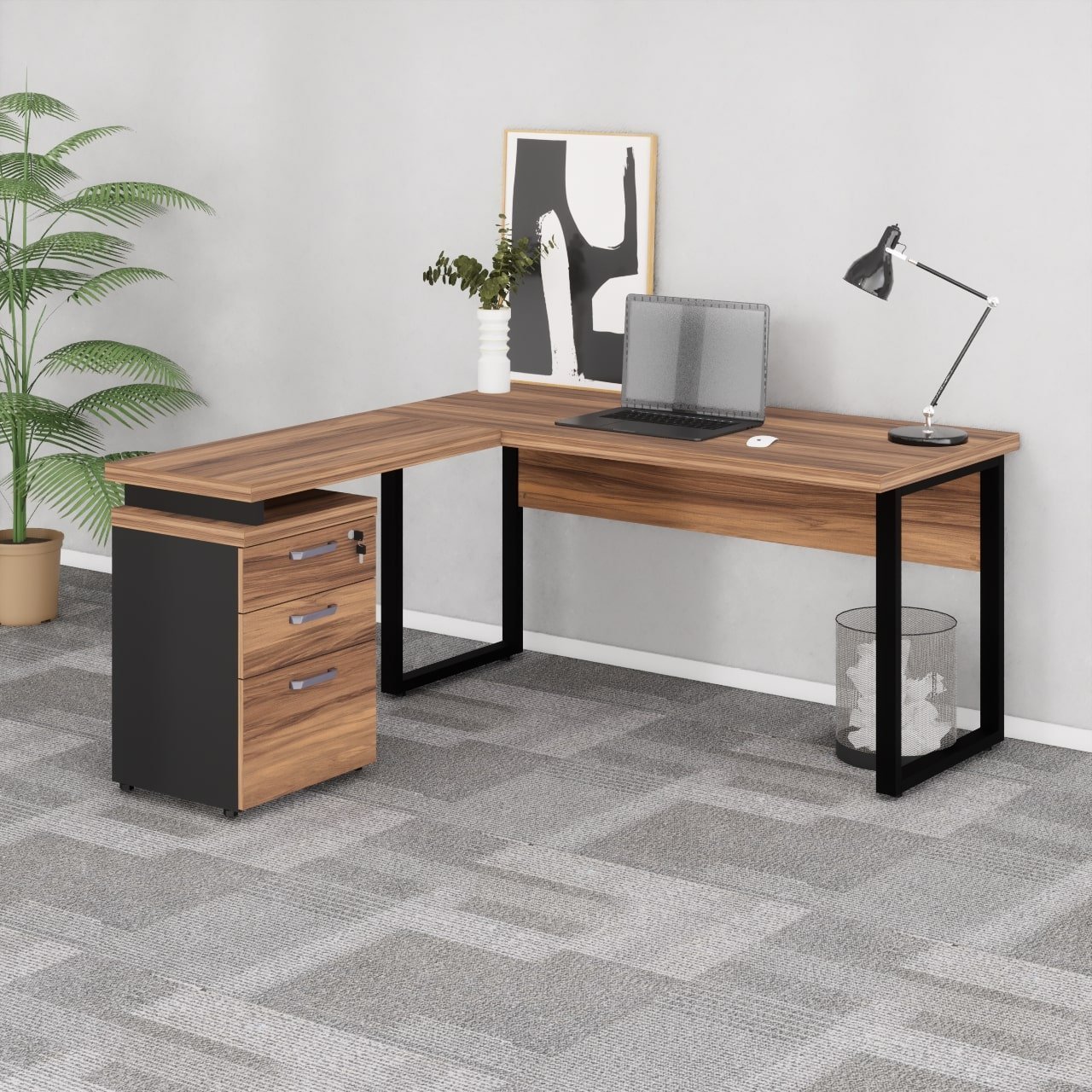 Mesa Escritório em “L” c/ Gaveteiro 1,50×1,50m NOGAL SEVILHA/PRETO – 24480 - Imagem 6