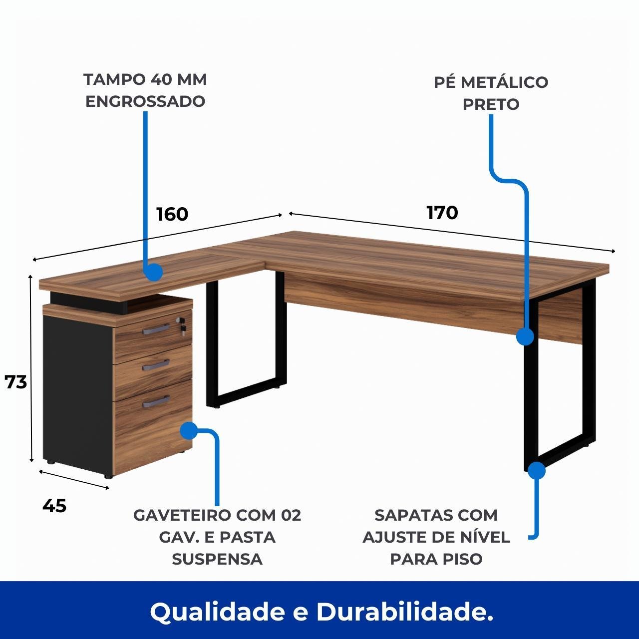 Mesa Escritório em “L” c/ Gaveteiro 1,70×1,60m NOGAL SEVILHA/PRETO – 24481 - Imagem 4
